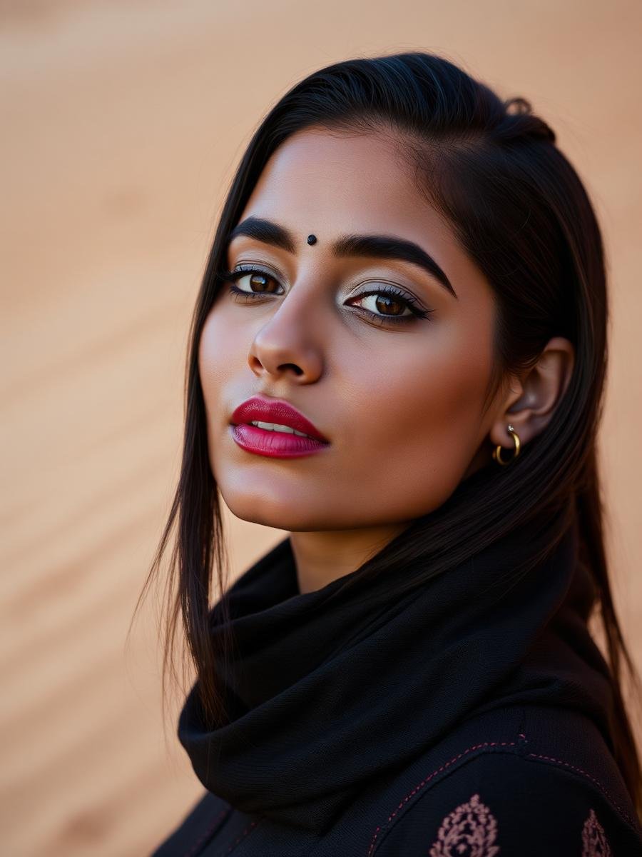 Editorial portrait of a woman with sleek styled hair