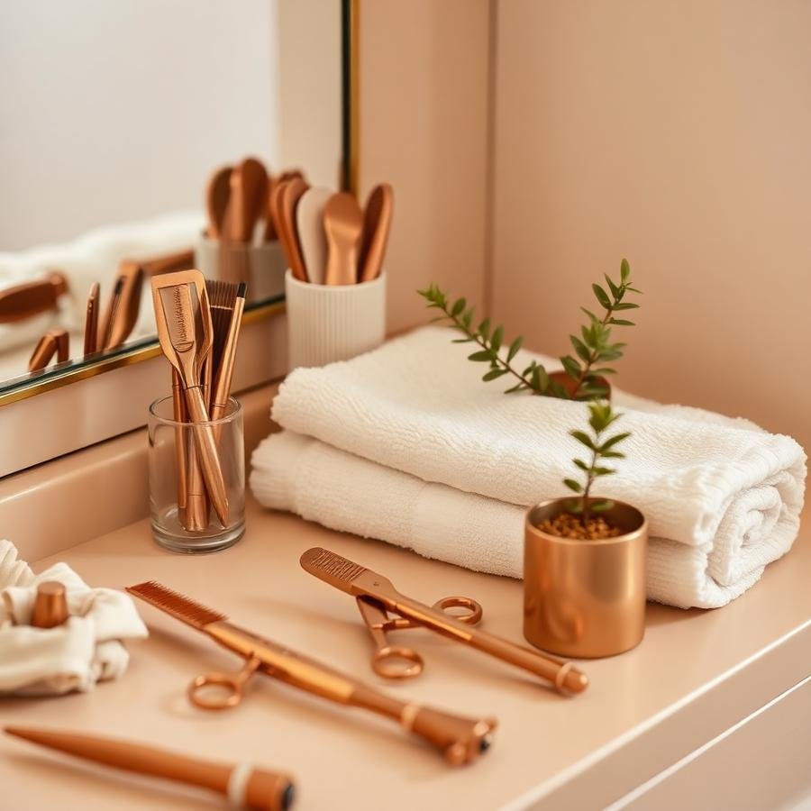 Copper styling tools and towels at a salon station